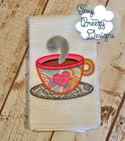 Steaming Two Tone Coffee Cup with Raggy Heart Detail - Coffee Applique Design, Coffee Cup Applique - Digital Download Files - Image 3