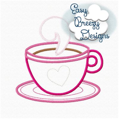 Steaming Two Tone Coffee Cup with Raggy Heart Detail - Coffee Applique Design, Coffee Cup Applique - Digital Download Files - Image 2